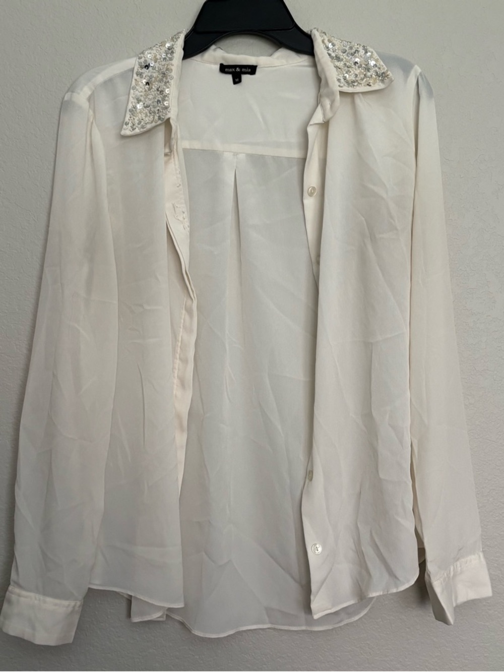 Ivory Sequin Collar Sheer Button-Down Blouse